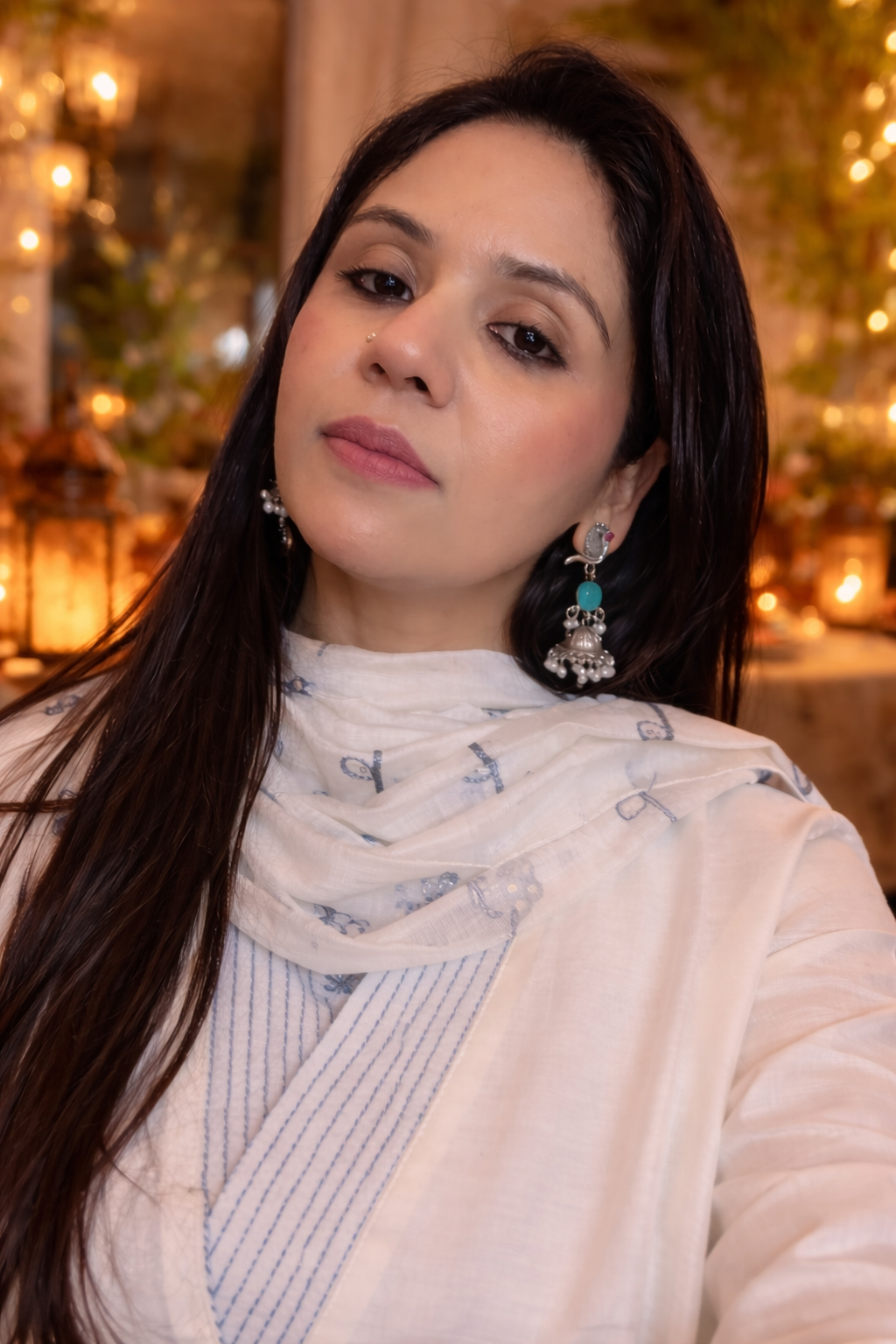 Off White Blue Embroidered Mul Cotton Suit Set