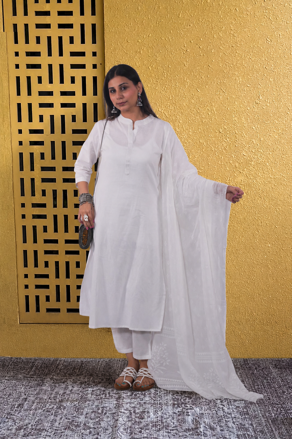Snowy White Mul Cotton Kurta With Slip and Pants and Dupatta Suit Set