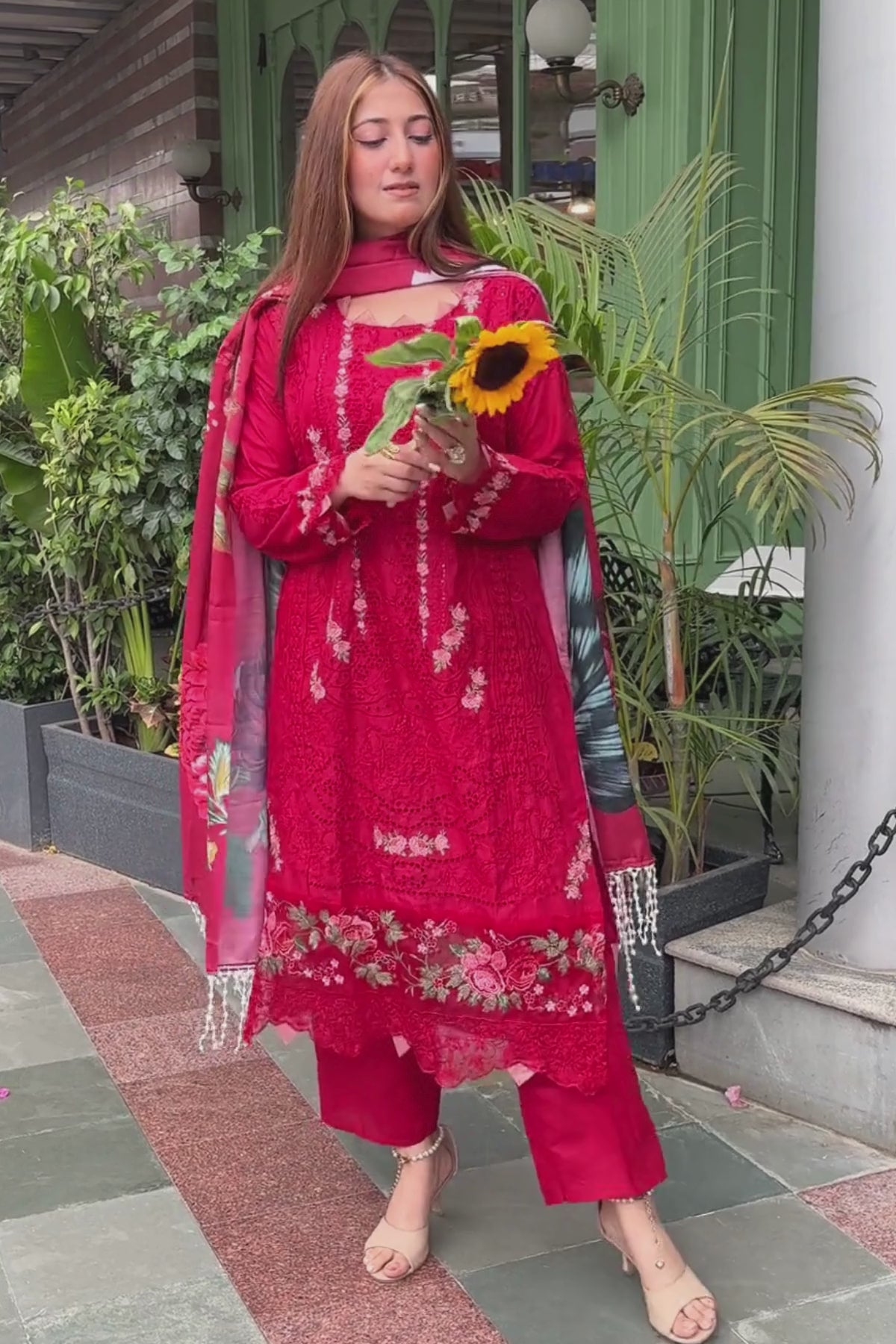 Gulrukh - Ruby Red Lawn Suit Set