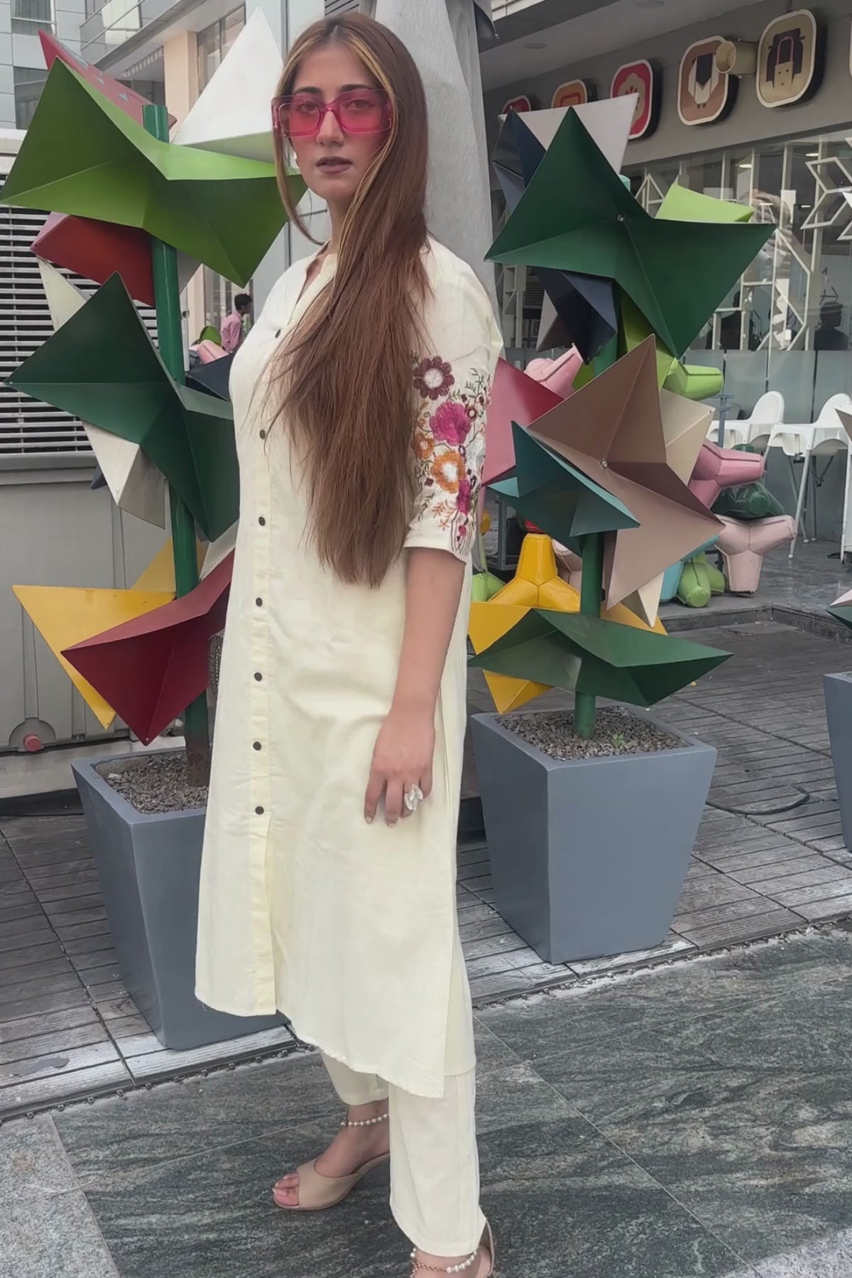 Off White Bloom Embroidered Cotton Kurta with Pants