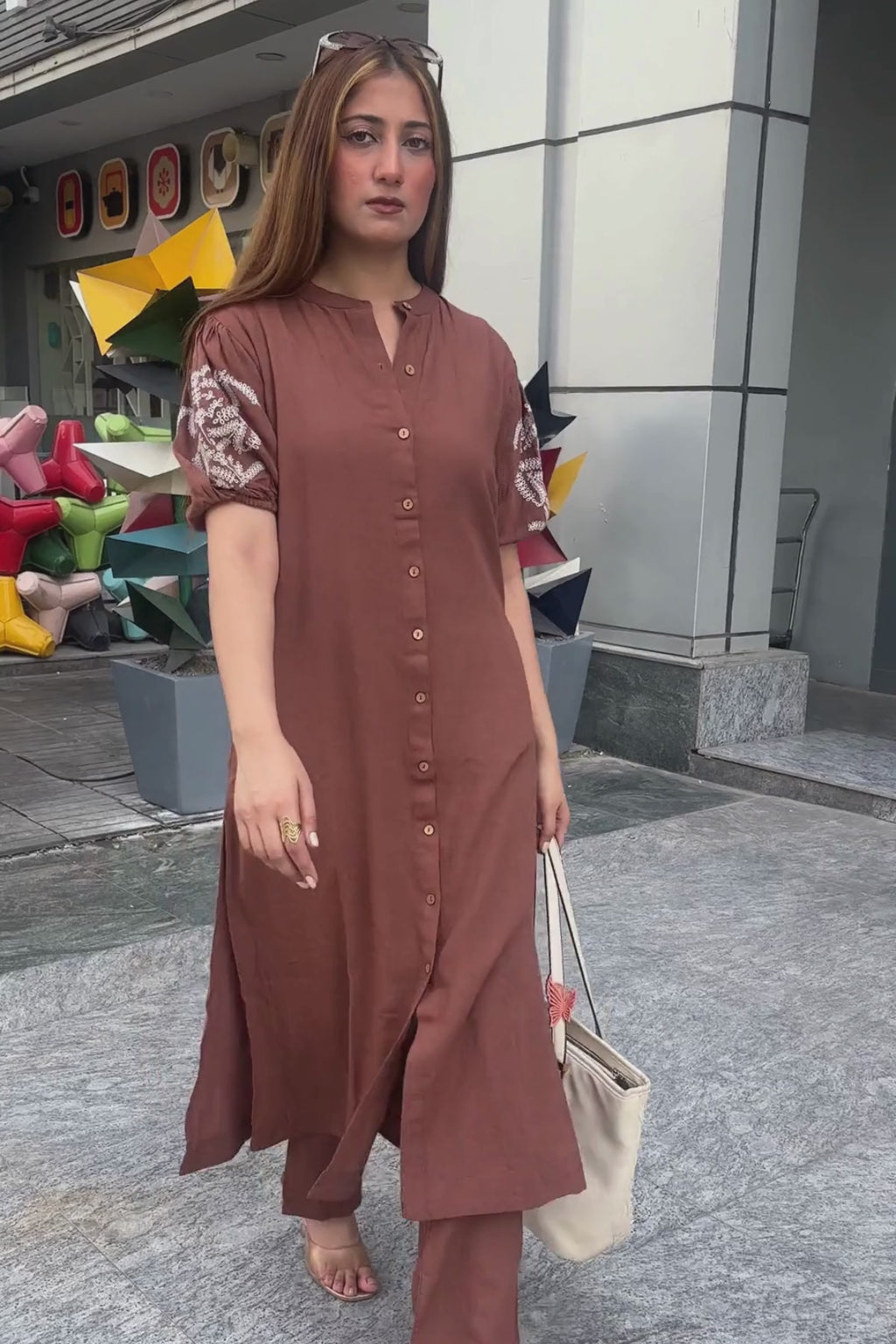 Mocha Brown Embroidered Cotton Kurta with Pants