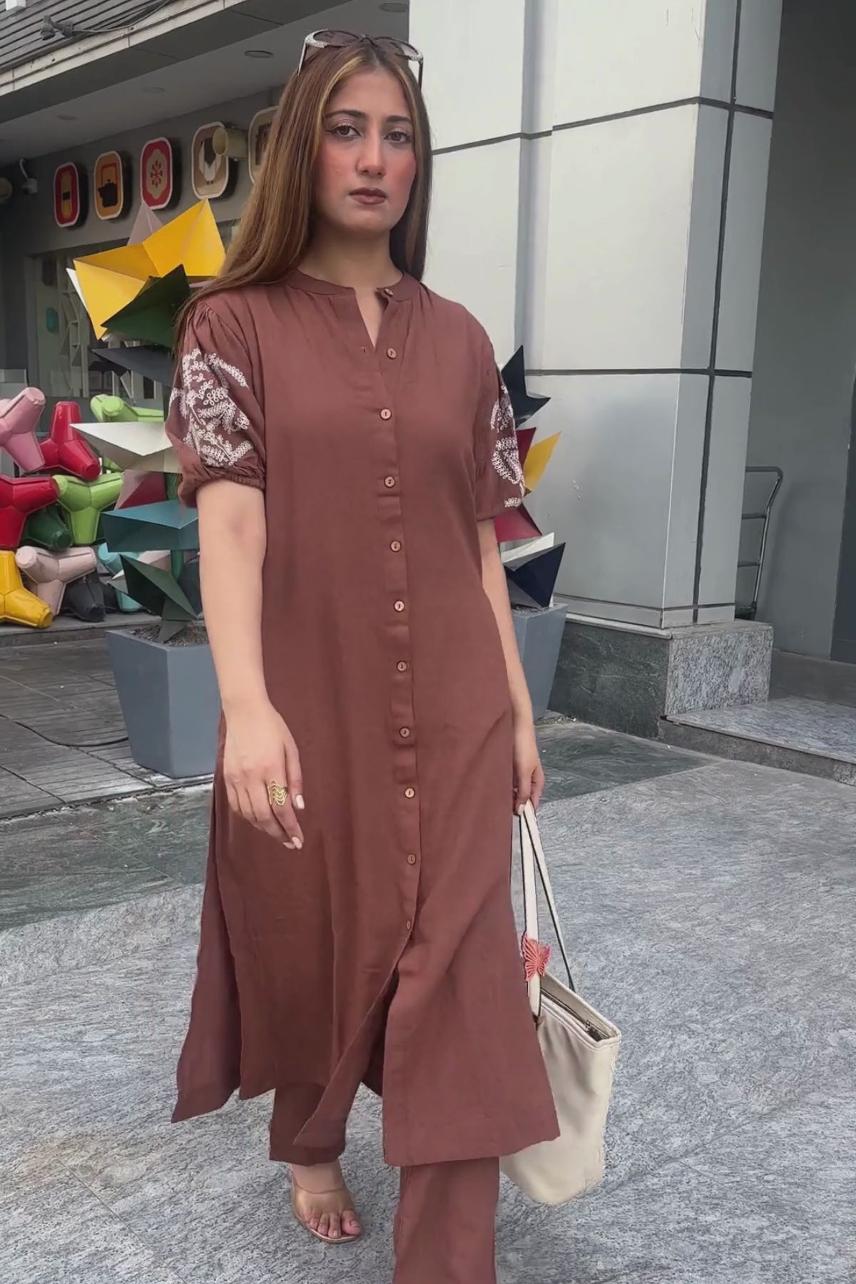 Mocha Brown Embroidered Cotton Kurta with Pants