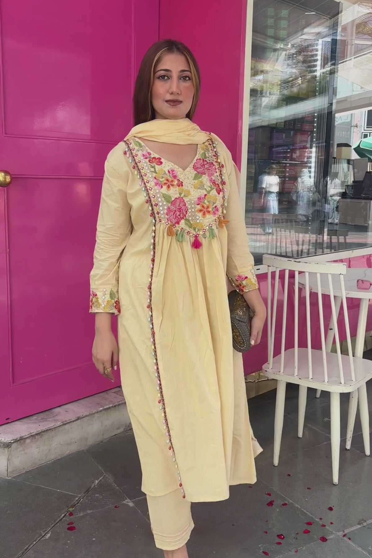 Cream Floral Embroidered Cotton Anarkali Suit Set