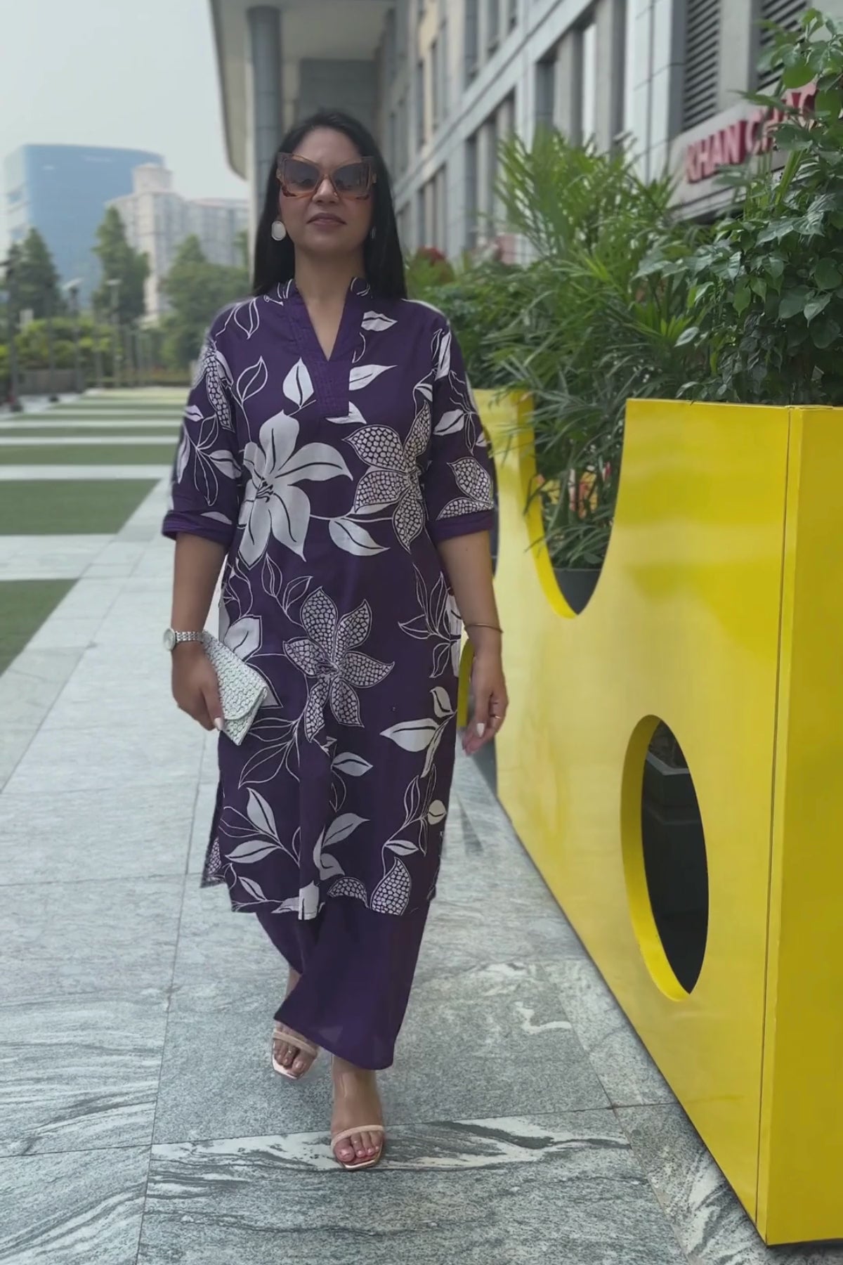 Purple Flora Printed Cotton Kurta with Pants