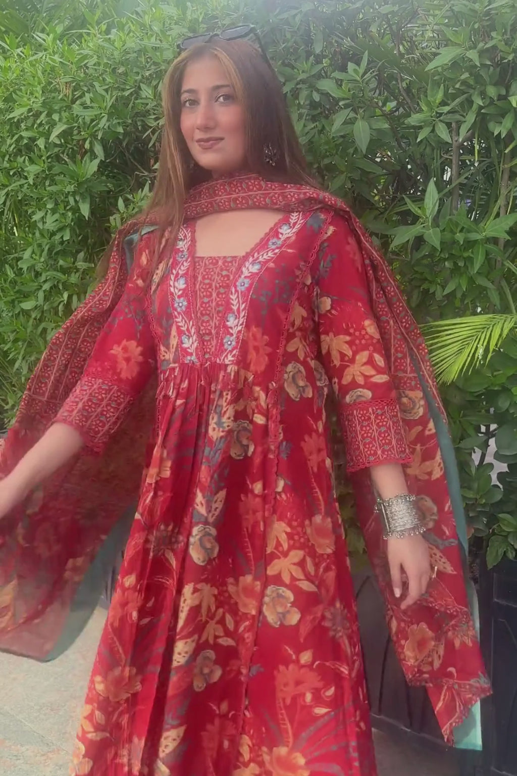 Gulnaar Rust Red Floral Printed Embroidered Suit Set