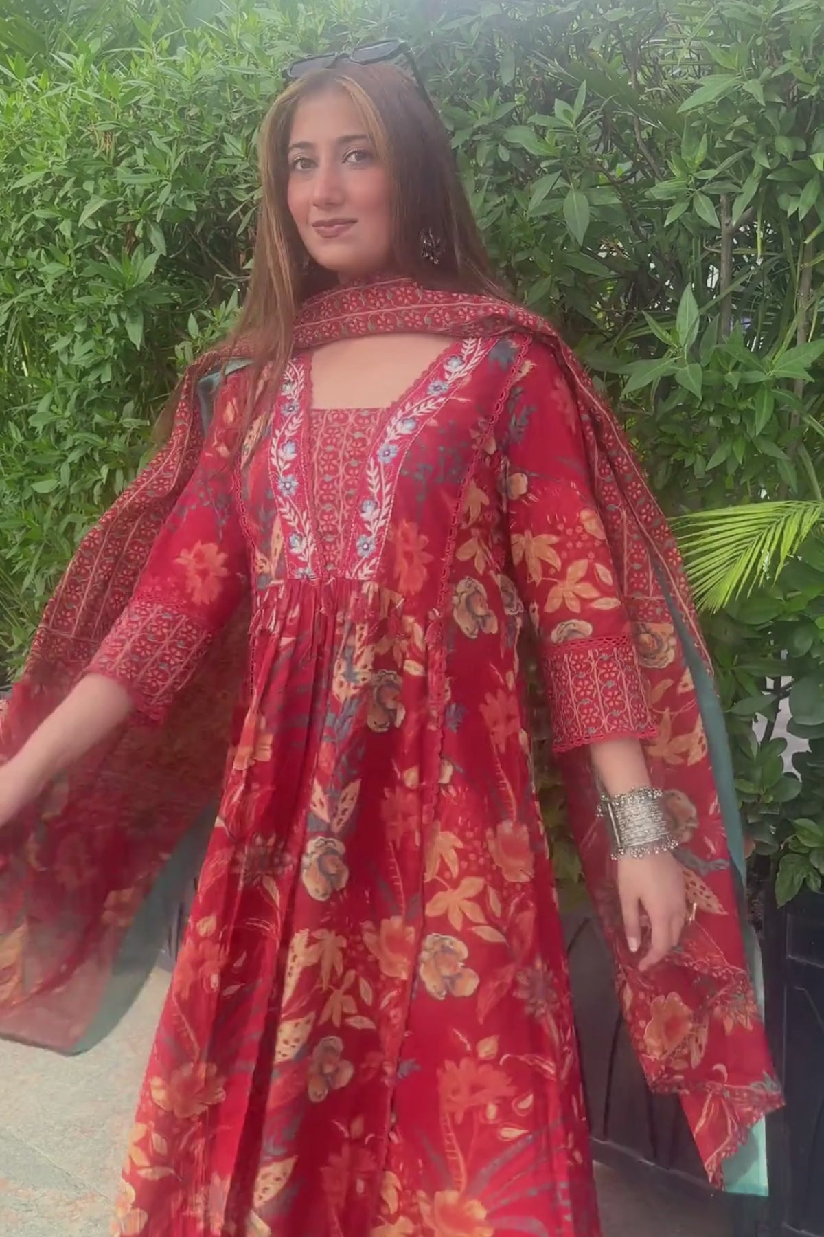 Gulnaar Rust Red Floral Printed Embroidered Suit Set